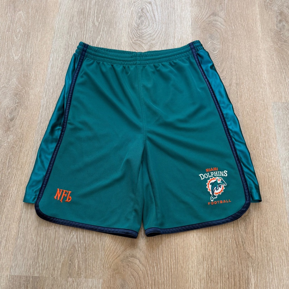 VTG NFL Miami Dolphins Mesh Athletic Shorts Men Size M Teal Embroidered Logo